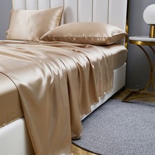 3Pcs Luxury Satin Sheet Set Deep Pocket Flat Fitted Sheet Pillowcase Ultra Soft