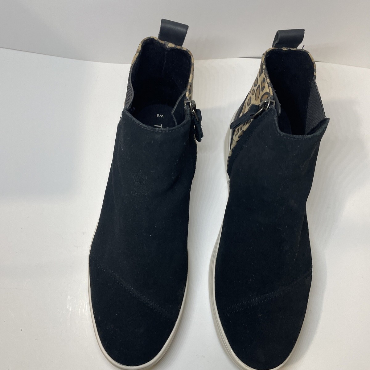 TOMS Women 8 Boots Black Suede Animal Print detail Wedge