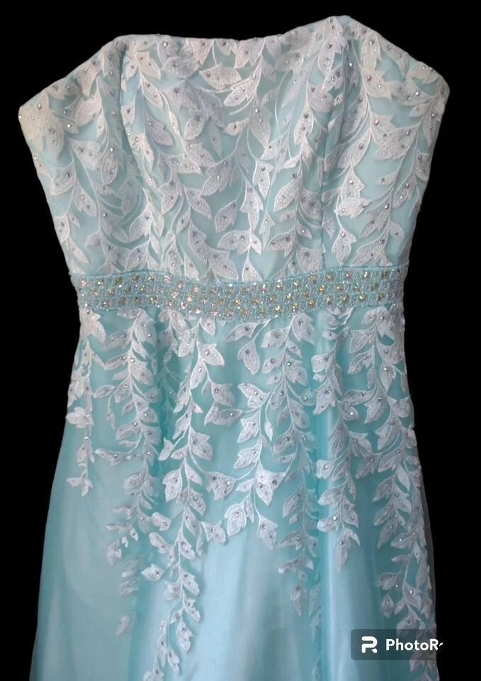Hermoso Vestido de Baile Azul Claro con Encaje Blanco y Estrás Transparente Talla 12 Foto 2 de 4