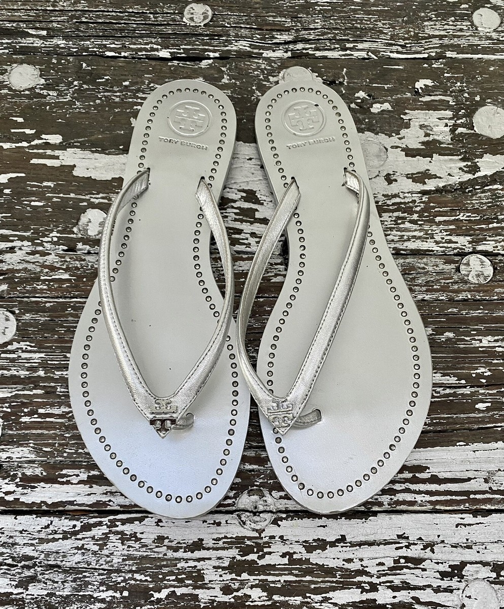 TORY BURCH Metallic Silver Leather Thong Liana Rhinestone Logo