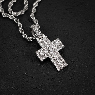 Men's Small White Gold Plated Cz Iced Pointer Cross Pendant Rope Chain Necklace