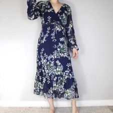 Blue Rain Midi Dress Size Small Lace Floral Long Balloon Sleeve Boho Cottagecore