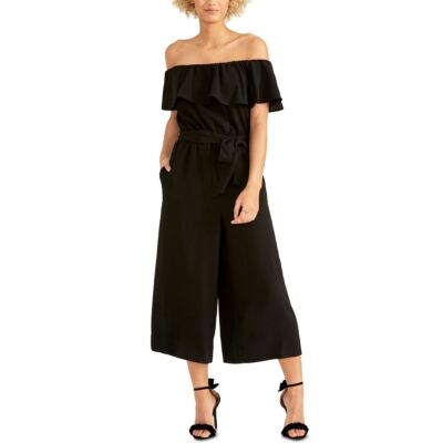 RACHEL ROY NEW Women's Black Ruffled Off-the-shoulder Crepe Jumpsuit 2 TEDO
