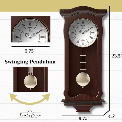 Timeless Battery Operated Wooden Pendulum Clock - Quiet Wall Mount Design 23.5" - Picture 5 of 10