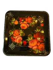 Vintage 1993 Square Handpainted Decorative Floral Metal ToleWare Tray 8.6" x8.6"