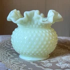 Fenton Green Glowing Uranium Hobnail Milk Glass Ruffled Rim Vase Vintage Antique