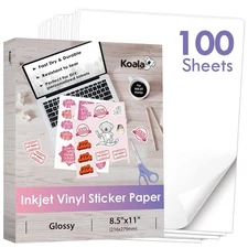 Koala Printable Vinyl Sticker Paper for Inkjet Printers - 100 Sheets Glossy W...