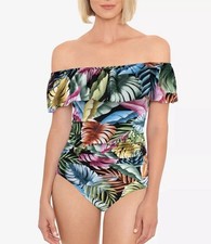 Swim Solutions EVENING PALM BLACK MULTI Tummy-Control One-Piece Swimsuit, US 16