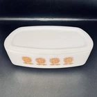 Federal Sunflower Casserole Dish White Orange Vintage Milk Glass w/Lid USA
