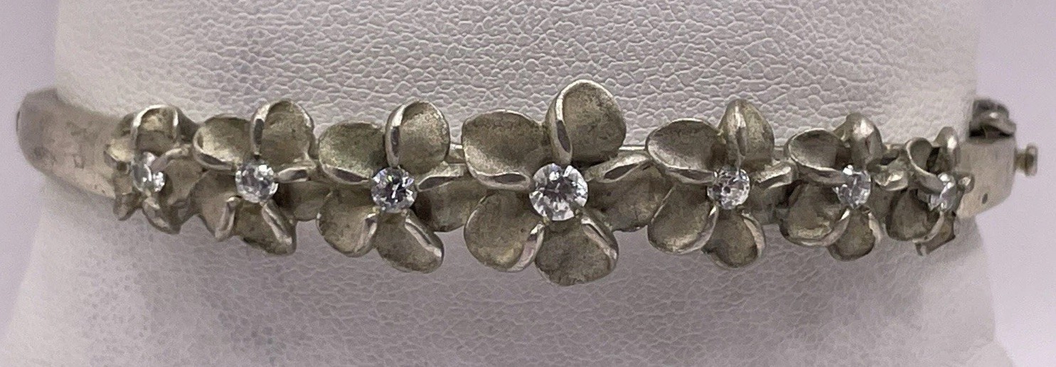 Sterling Silver Solid Flower With White Stone Ban… - image 1