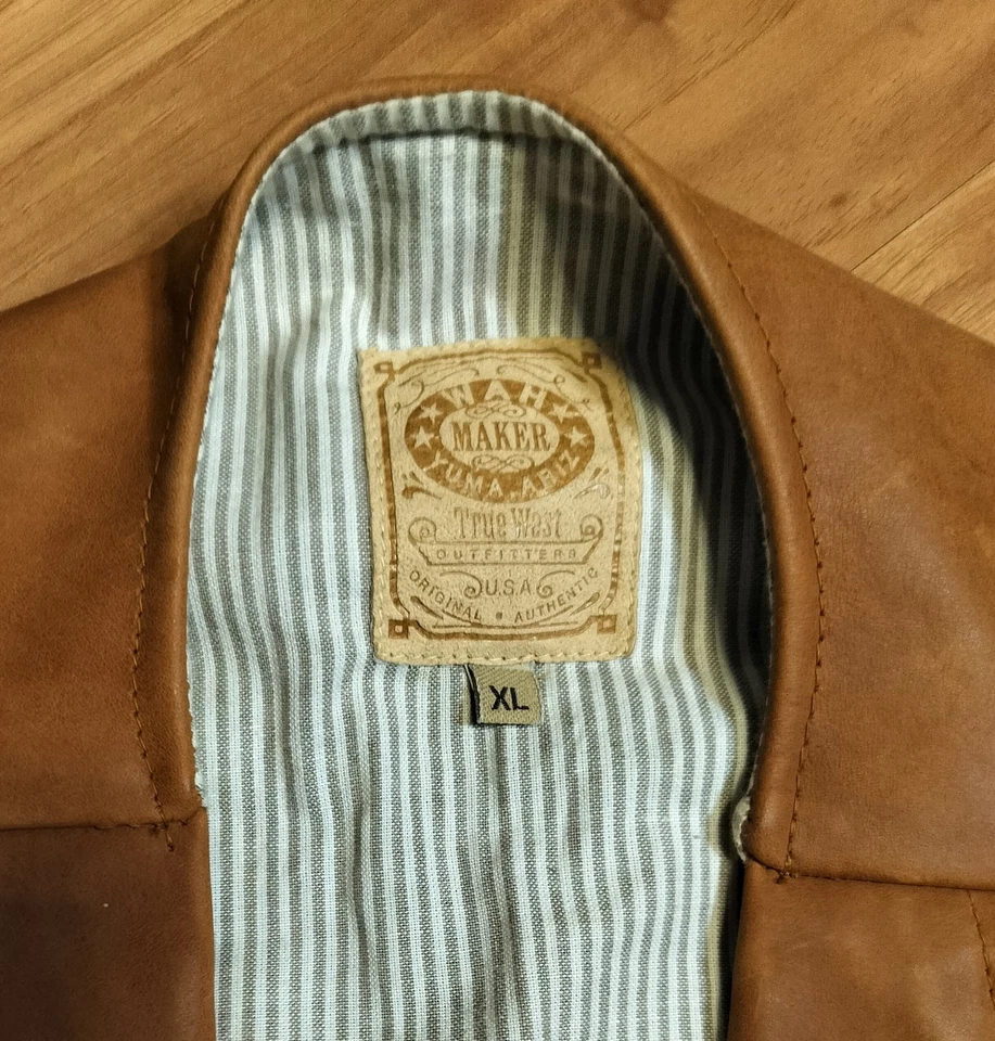 Wah Maker Tan Leather Vest Men’s XL Tan Western Cowboy Vintage Style Made in USA - Image 2 of 4