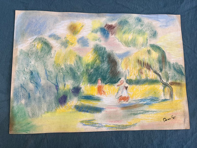 PIERRE AUGUSTE RENOIR drawing and painting on old paper signed stamped vintage