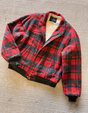 Woolrich Bomber Jacket Men's M Red Black Plaid Lined Zip Vintage USA