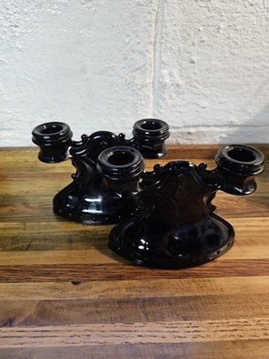 2 Gothic Double Shield Candle Holders Black Amethyst L.E. Smith-Depression Glass