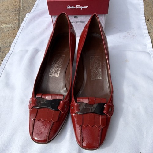 Salvatore Ferragamo Red Patent Leather Square Toe Buckle Pumps Women 7.5