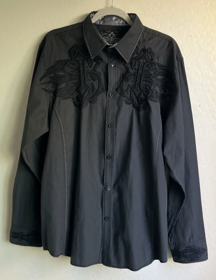 Roar Signature Mens Black Embroidered Stitch Long Sleeve Button Down Shirt SZ XL - Image 3 of 4