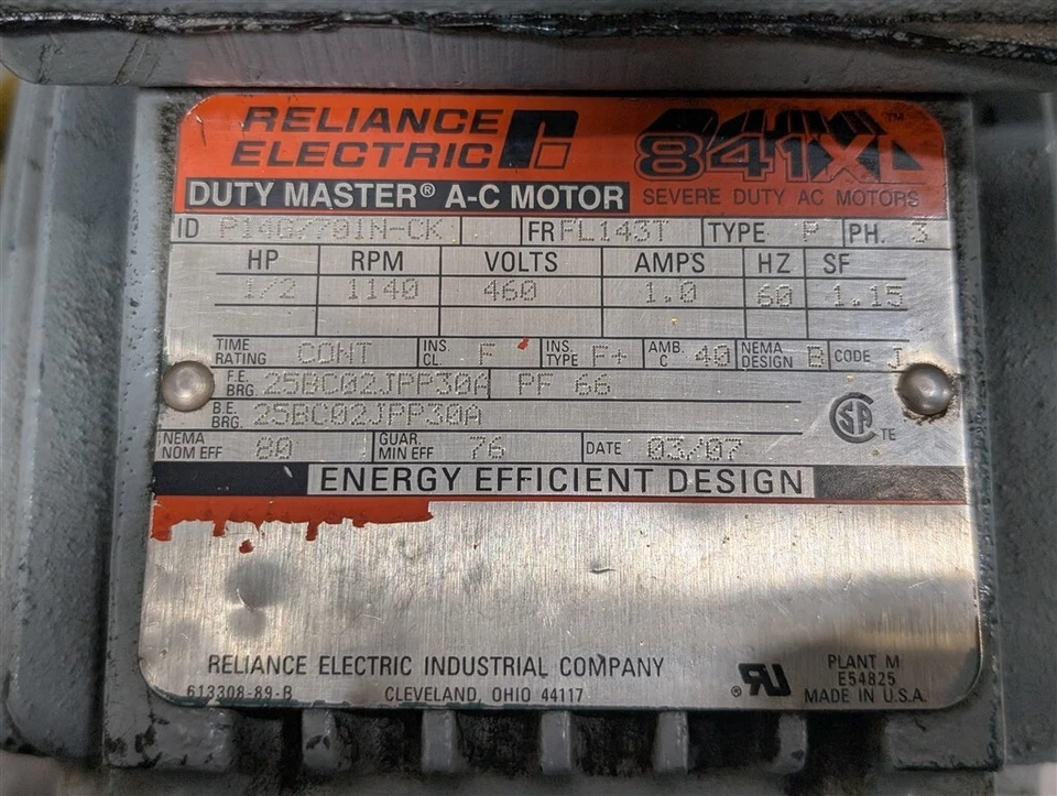USED Reliance Electric P14G7701N-CK AC Motor 1/2 HP 1140 RPM FL143T Frame 460V - Image 3 of 4