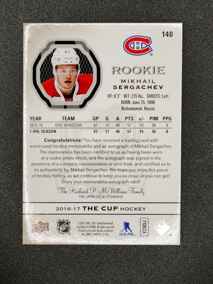 Mikhail Sergachev 201617 Upper Deck The Cup Rookie Auto Gold Patch 20