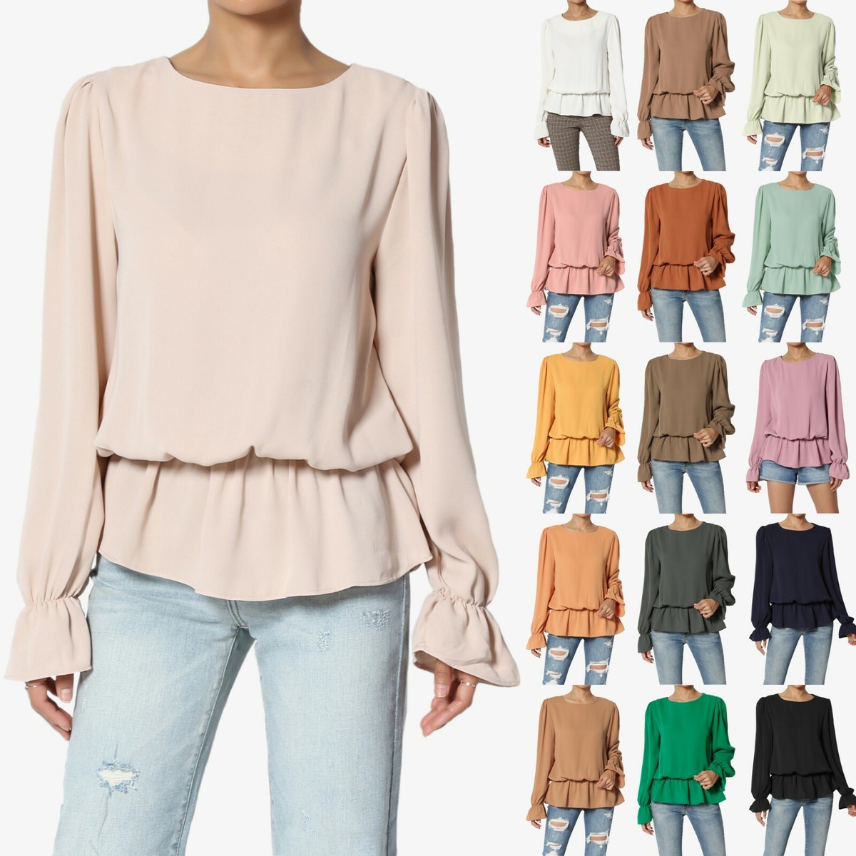 ★送料・関税込★sinoon★RIBBON PUFF LONG SLEEVE★ SINGREINY Ruffles Sweet Sheer Blouse O Neck Long Sleeves 3D
