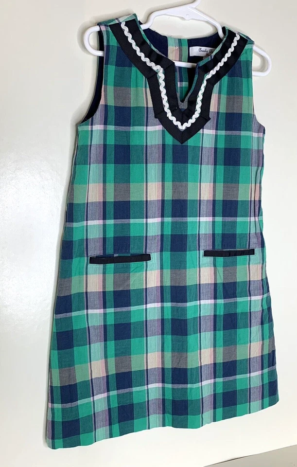 Brooks Brothers Fleece Girls 6 Summer Shift Dress Green Blue Pink plaid Ric Rac - Image 2 of 4