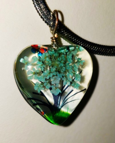 Heart-Shaped Handmade Pendant w/ Real Queen Anne’s Lace, Butterflies & Insects