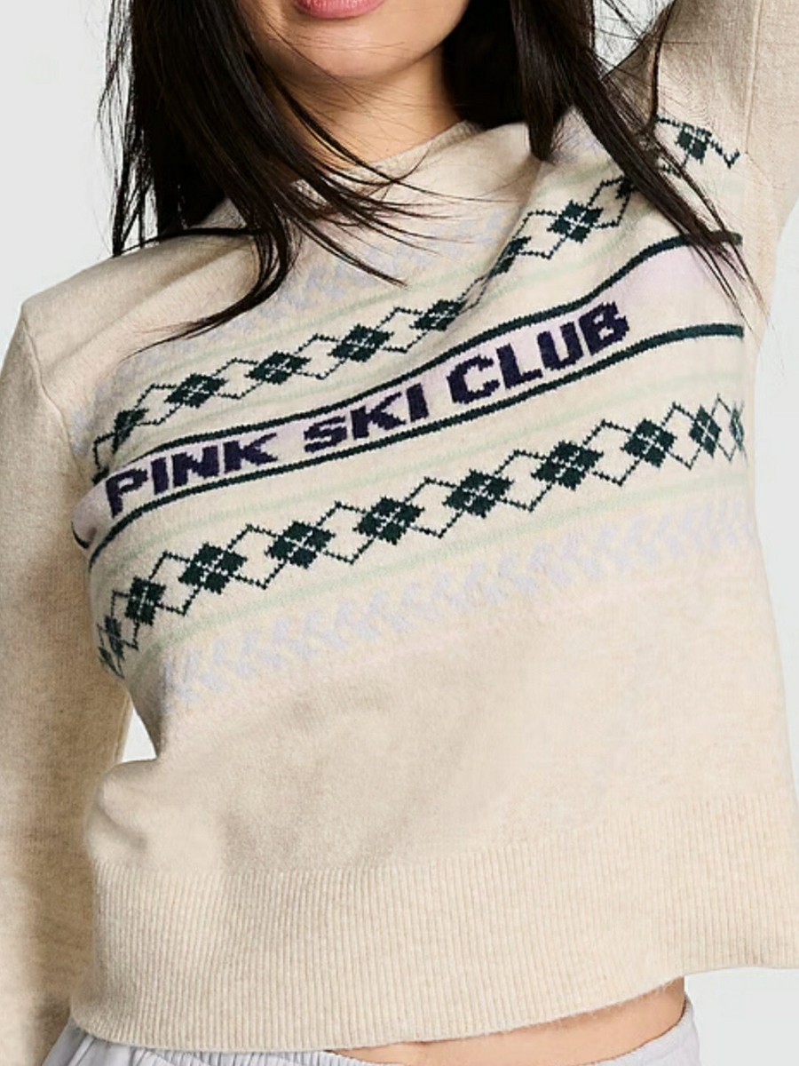 VICTORIA'S SECRET PINK SKI CLUB Collegiate Ivory Knit Crewneck