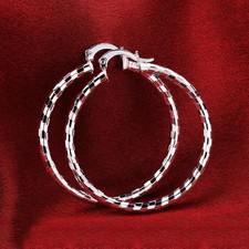 Pretty New Silver Plated Beautifully Faceted Texture 1.5" Round Hoop Earrings