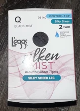 L'eggs Silken Mist 2 Pair Women's Tights Hose Black Mist Control Top Cool ~ Q
