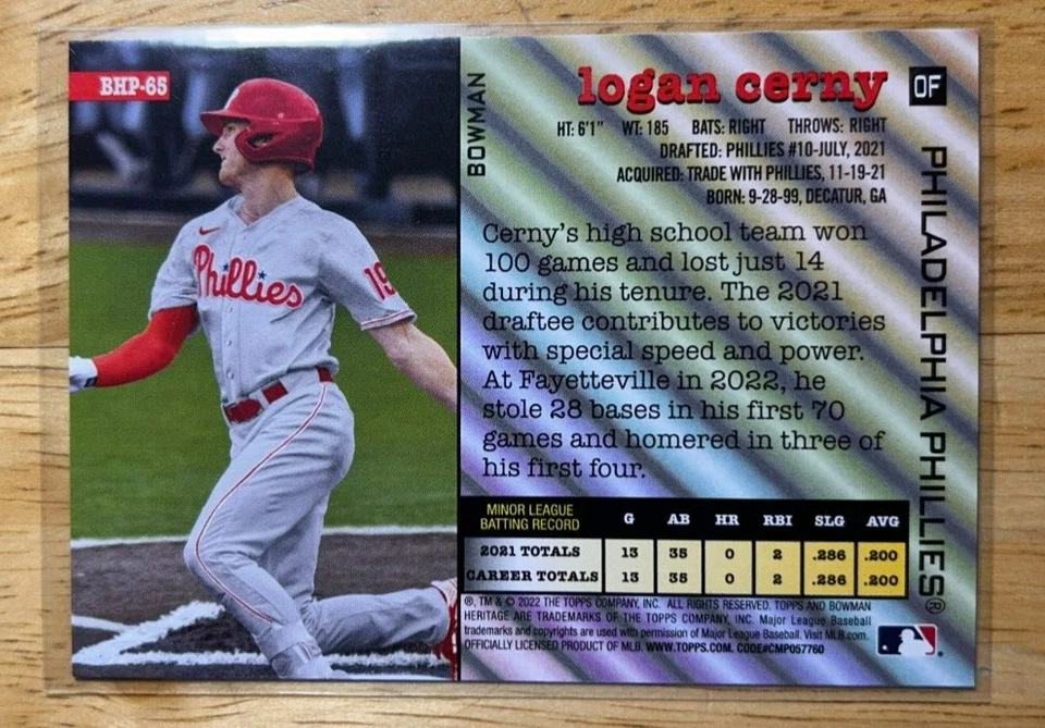 2022 Bowman Heritage #BHP-65 Logan Cerny Prospects Image Swap - Image 2 of 2