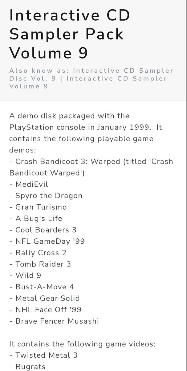 Sony PlayStation 1 INTERACTIVE CD SAMPLER DISC Vol 9 Demo PS1