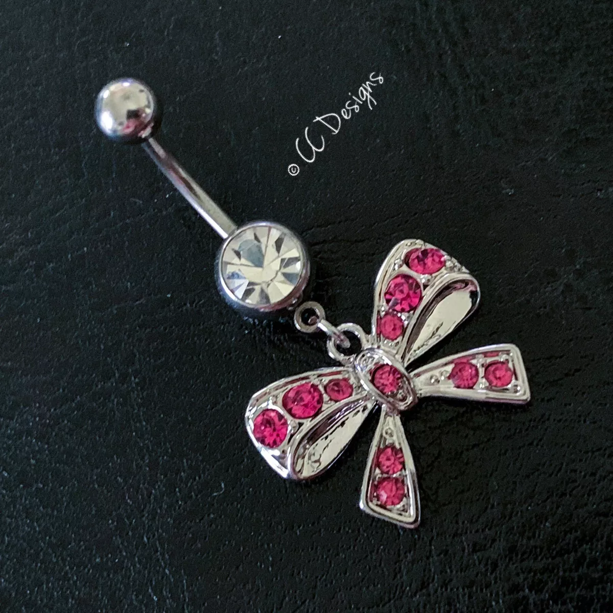 14g Pink Sparkle Cz Dangle Bow Navel Belly Button Ring 167