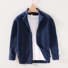 Mens Stretch Knit Cardigan Zip Up Sweater Soft Warm Ribbed Hem Jacket Casual