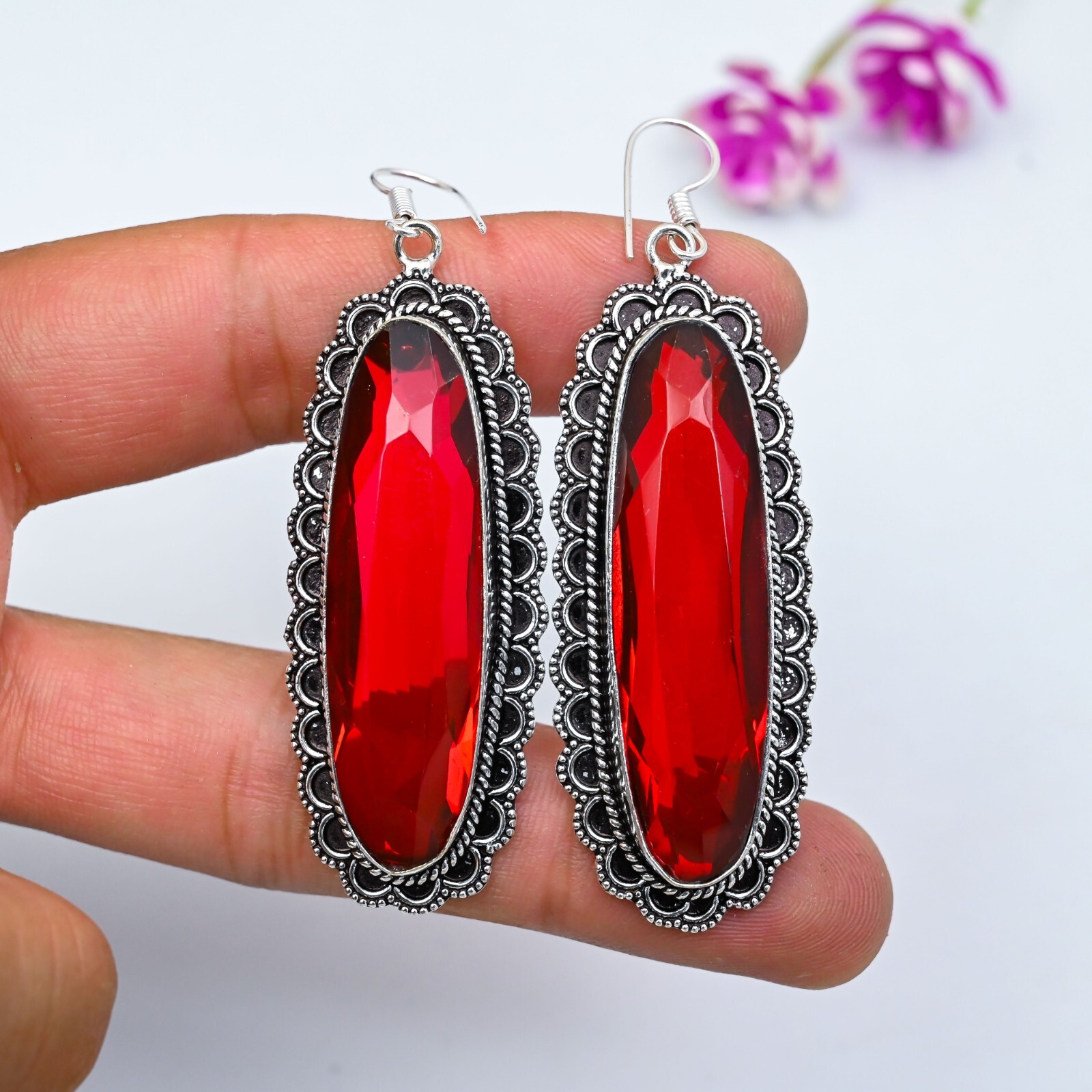 Dainty Red Garnet Gemstone Earrings in 925 Sterling Silver Handmade Gift