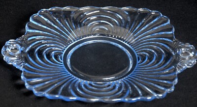 Pair Cambridge Caprice Moonlight Blue Glass Lemon Plates Double Handles USA