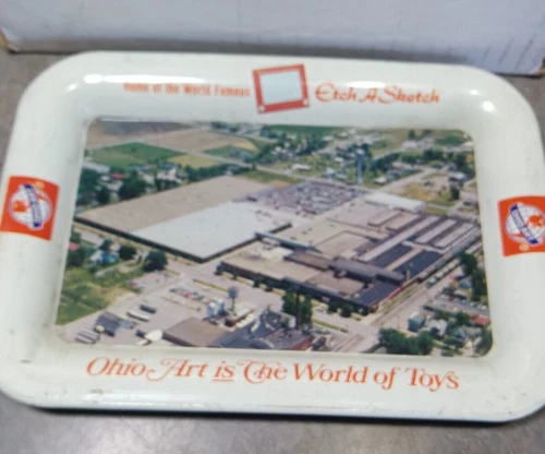 vtg Ohio Art litho tin tip / misc tray Etch a sketch world of toys
