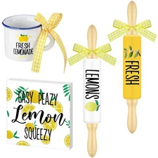 4 Pcs Lemon Tiered Tray Decor Fresh Lemonade Wooden Tier Decor Mini Rustic Wo...