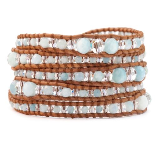 $215 NWT Chan Luu Amazonite Mix Graduated Wrap Bracelet on Natural Brown Leather - Picture 1 of 1