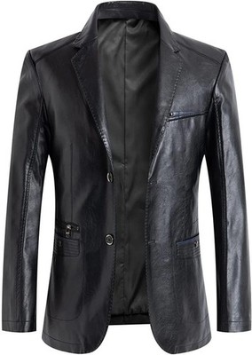 Classic 2 Button Black Real Sheepskin Leather Blazer Coat Jacket For Men