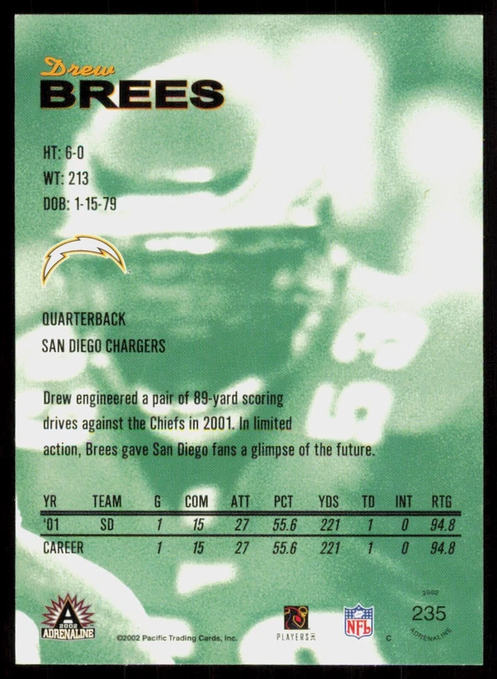 2002 Pacific Adrenaline Red Drew Brees San Diego Chargers #235 - Image 2 of 2