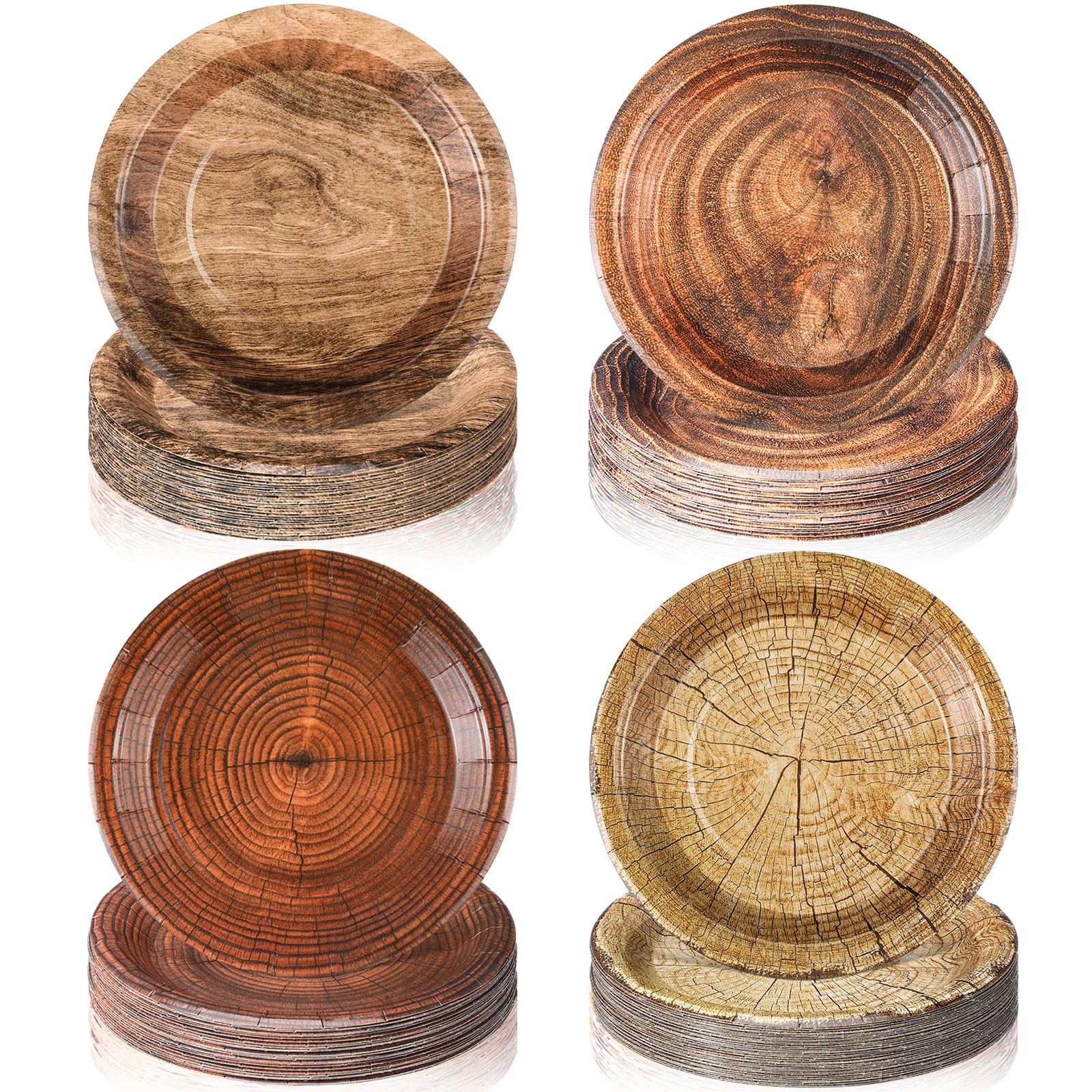 80 Pcs Camping Party Supplies 7 Inch Wood Grain Plates Rustic Wood Slice Dess...