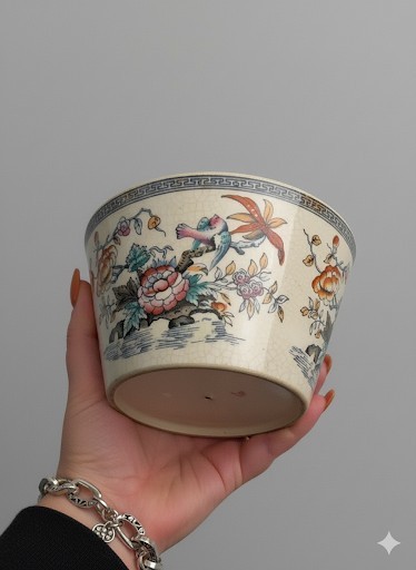 Asian Stamped Ceramic Round Floral Decorative Bowl, Beige/Multicolor, for Plants