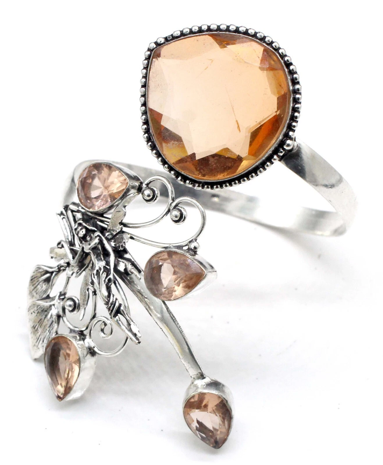 VALENTINO 925 Sterling Silver Pink Morganite Gemstone Jewelry Cuff Bracelet Size ADJ"