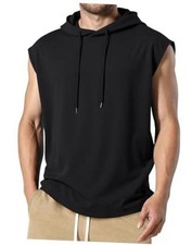 Mens Sleeveless Hoodie Workout Tank Top Stretch Athletic Gym Medium 1 Black