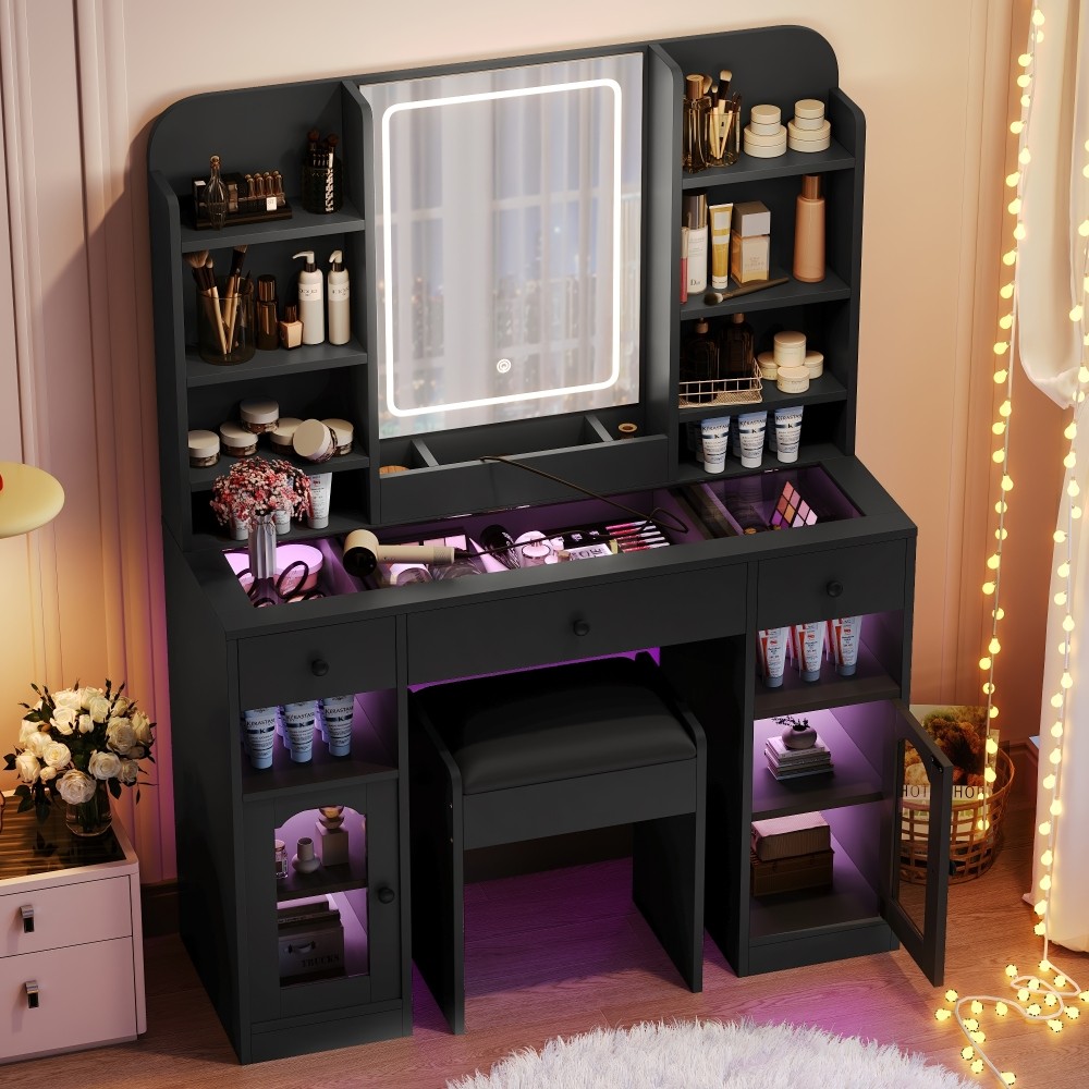 43.2" Vanity Desk with LED Mirror and Lights, Glass Top Vanity with RGB Glass