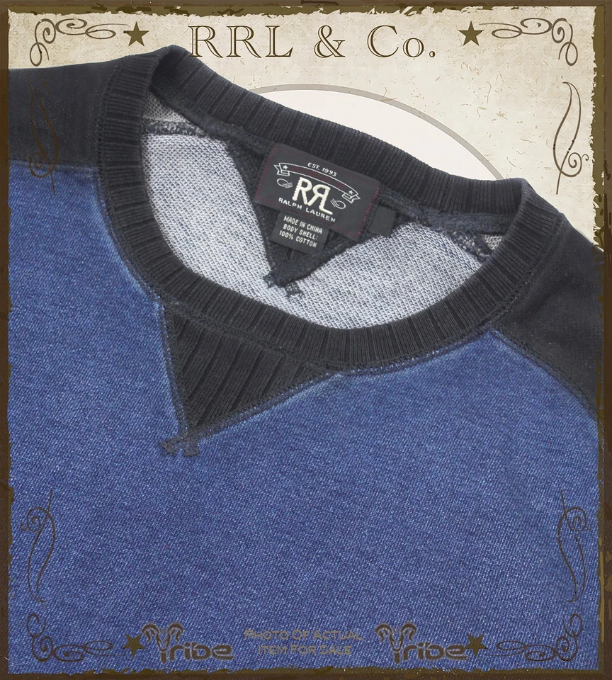 RRL Ralph Lauren Hombre Azul Negro Índigo Doble-V Terry Francés Raglán Sudadera Foto 2 de 3