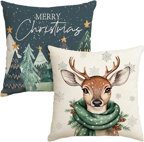 BäUme Rentier Schneeflocken Frohe Weihnachten KissenbezüGe 2Er Set, 50X50 Cm Mer-image