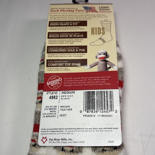 Fox River Sock Monkey & Red Stripe Kids Medium Heavy Wool Lounge Sock ~ New - Picture 5 of 7