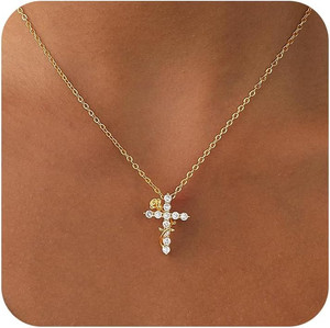 Authentic Cross Necklace for Women Dainty Gold Plated O-Link Chain with CZ Heart Cross Pen