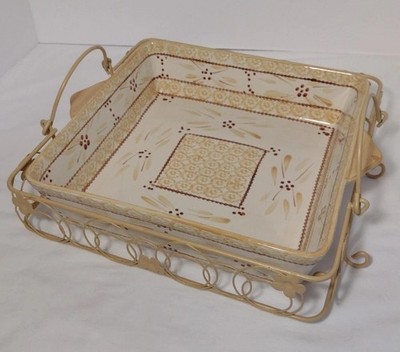 Temptations 4 Qt Baking Dish Casserole With Metal Wire Carrier Old World Yellow