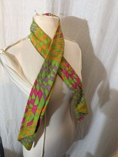 Vintage 60s 70s Mod Crepe de Chine Scarf Acetate Oblong Neck Tie Green Pink